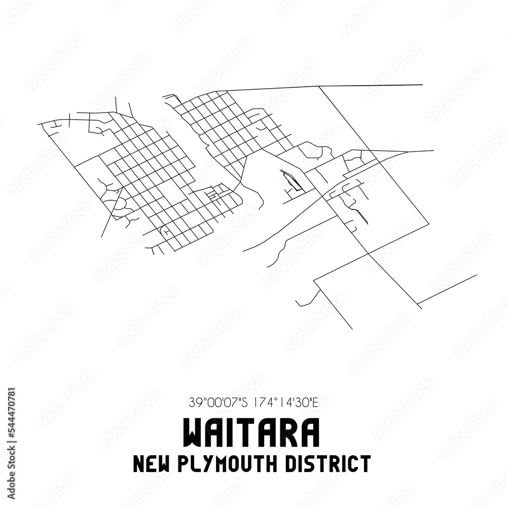 Waitara, New Plymouth District, New Zealand. Minimalistic road map with black and white lines