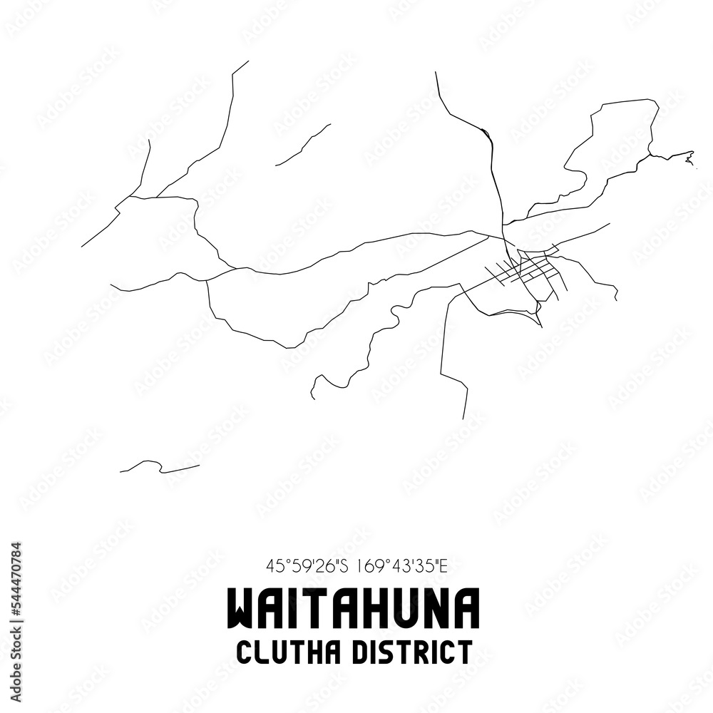 Waitahuna, Clutha District, New Zealand. Minimalistic road map with black and white lines Waitahuna, Clutha District, New Zealand. Minimalistic road map with black and white lines