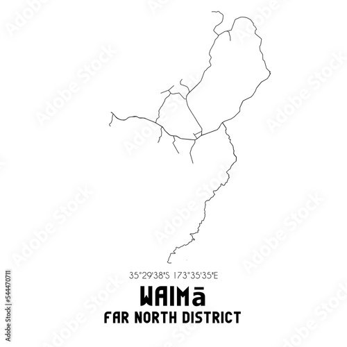 Waima, Far North District, New Zealand. Minimalistic road map with black and white lines