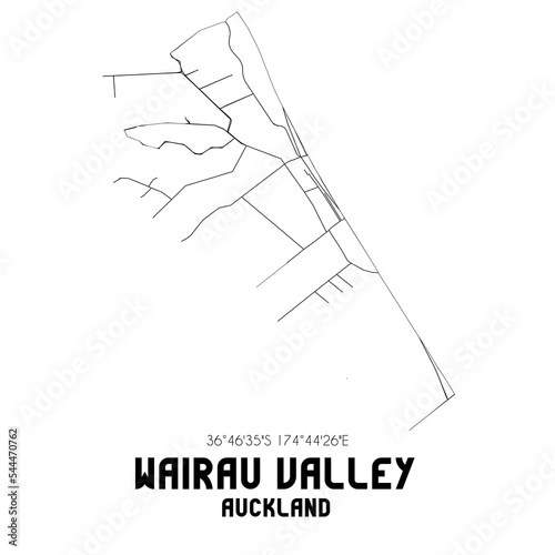 Wairau Valley, Auckland, New Zealand. Minimalistic road map with black and white lines