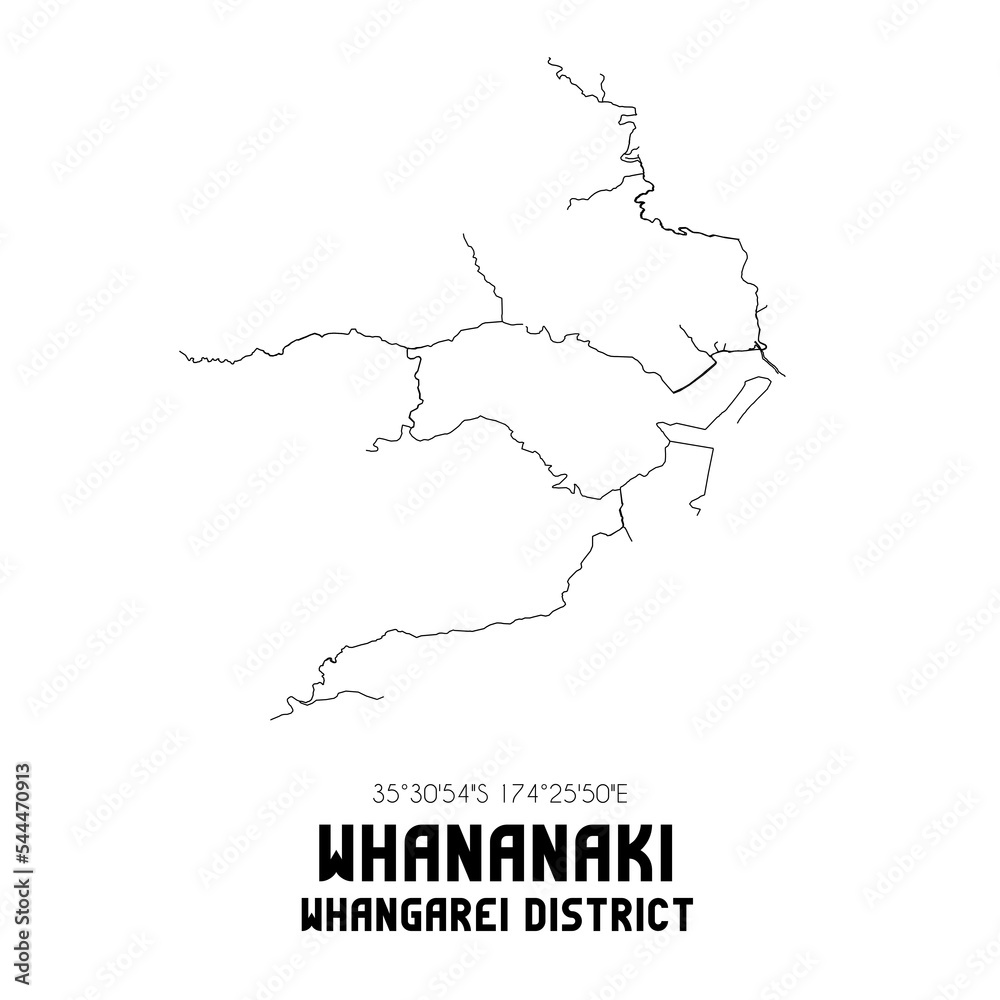Whananaki, Whangarei District, New Zealand. Minimalistic road map with black and white lines