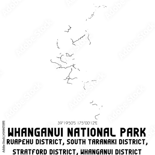 Whanganui National Park, Ruapehu District, South Taranaki District, Stratford District, Whanganui District, New Zealand. Minimalistic road map with black and white lines photo