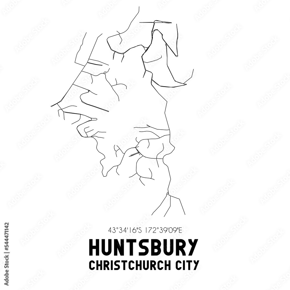 Huntsbury, Christchurch City, New Zealand. Minimalistic road map with black and white lines