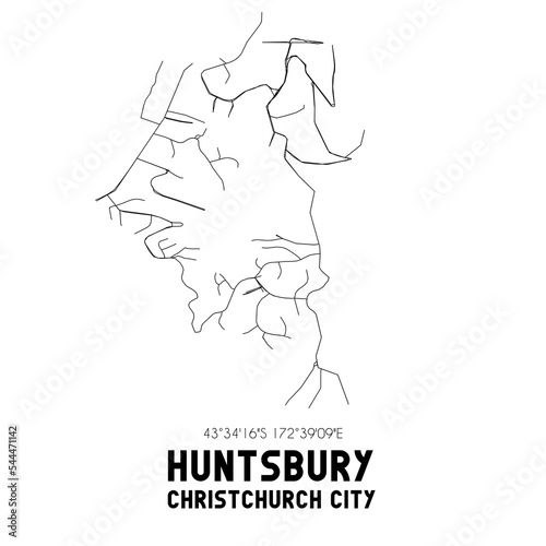 Huntsbury  Christchurch City  New Zealand. Minimalistic road map with black and white lines