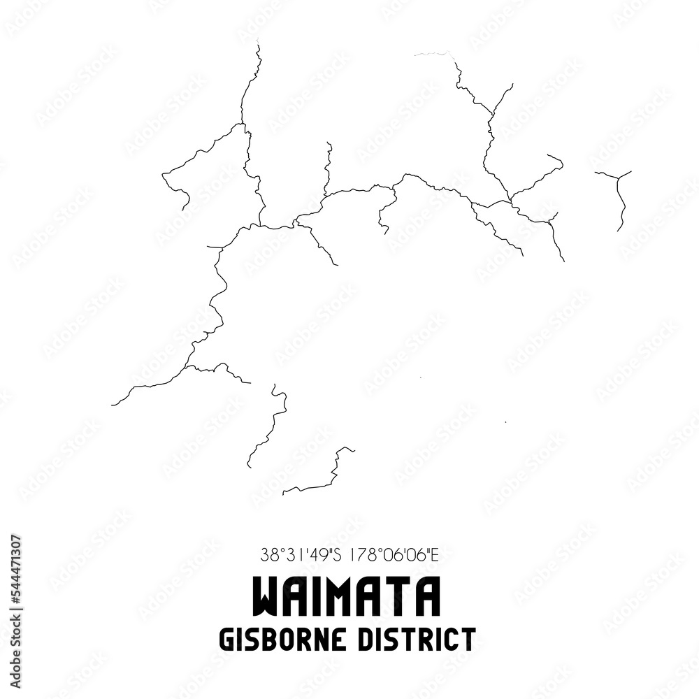 Waimata, Gisborne District, New Zealand. Minimalistic road map with black and white lines