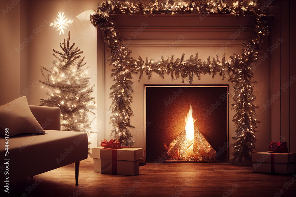 Fireplace and Christmas tree, Xmas present gifts, white sofa Fireplace and Christmas tree, Xmas present gifts, white sofa