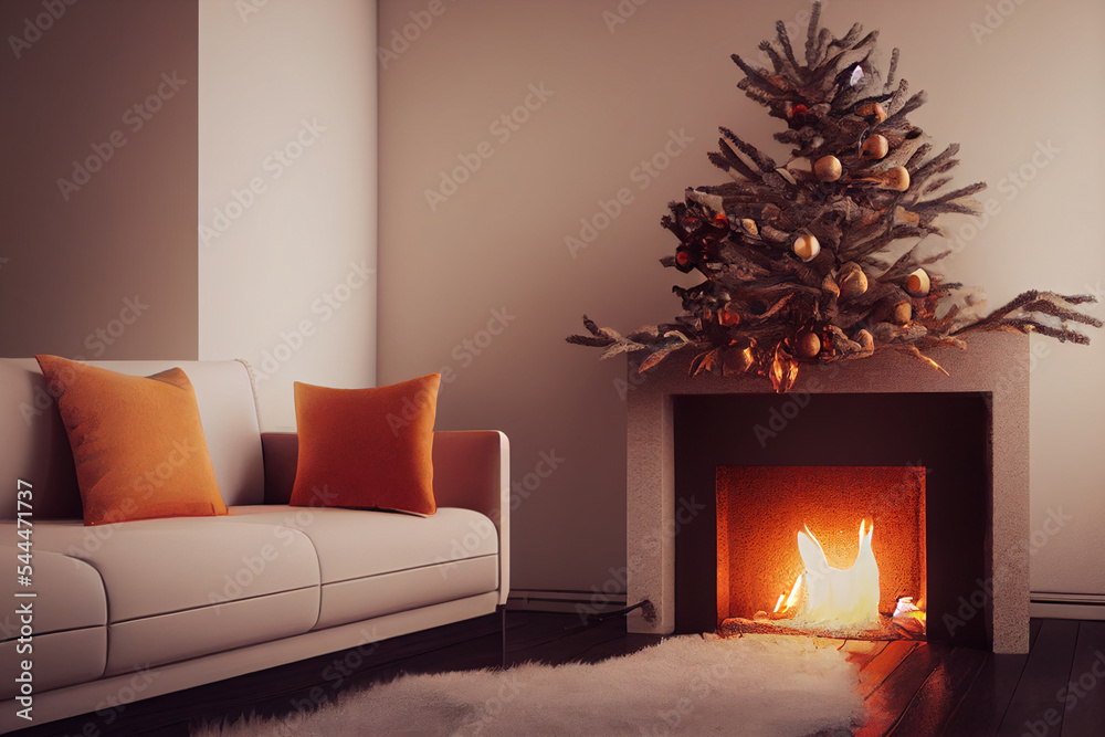 Fototapeta premium Fireplace in the room and Christmas tree, balls, white sofa