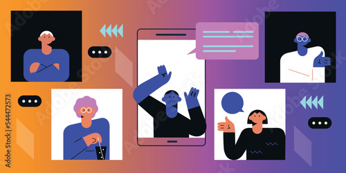 Discussing with people during video call artificial intelligence virtual reality vision headset innovation metaverse. Metaverse flat vector illustration.