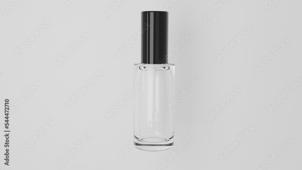 Mock up of realistic glass perfume bottle with black cap isolated on white background. Cosmetic concept. 3D render Mock up of realistic glass perfume bottle with black cap isolated on white background. Cosmetic concept. 3D render