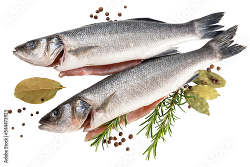 PNG. Sea bass fish. Two peeled raw sea bass, spices and rosemary branches on a white background