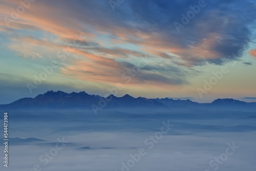 Beautiful morning mountain landscape. View of the Tatra Mountains in the morning.