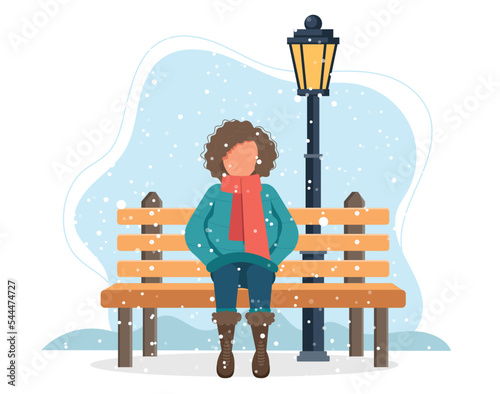 Happy girl sitting on a bench in the winter park. Cartoon vector illustration for public garden, vacation concept.