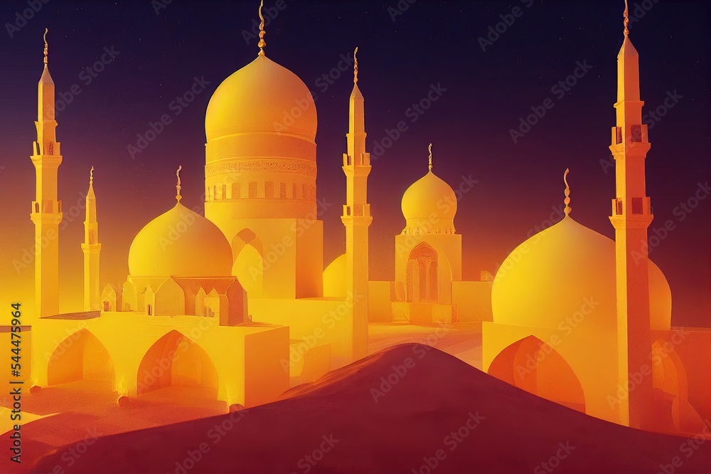 Mawlid alnabi greeting card design with 3d illustration beautiful gold mosque and crescent