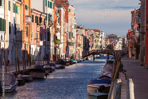 Old houses along the Cannaregio Canal on a sunny day. Venice.