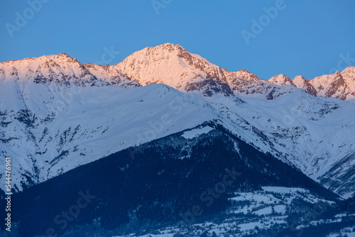 Caucasian Peak covered with snow in the light of the rising sun, Mestia, Svaneti, Georgia
