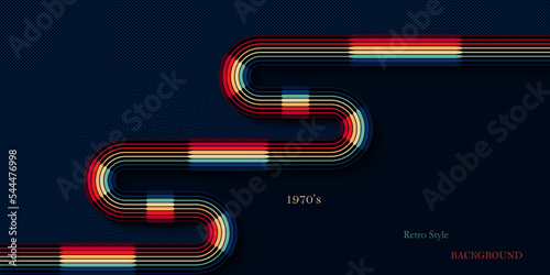 Technology retro style dark navy background with colorful curved lines 1970s vintage design
