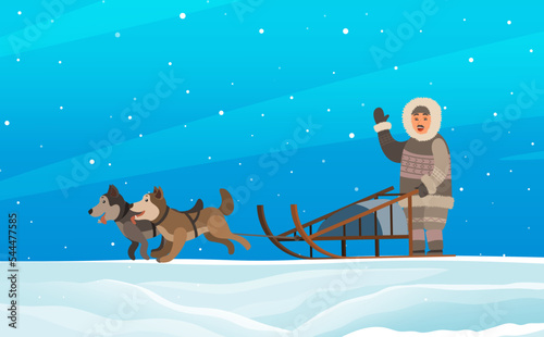 Leinwand Poster Eskimo wearing fur clothes and sleigh with husky dogs