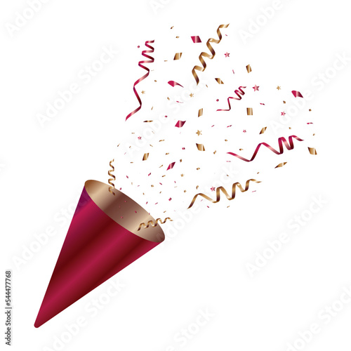 cute  red firecracker with gold  and red  confetti . confetti isolated, explosion, firecracker, celebration. Vector drawing. Vector illustration