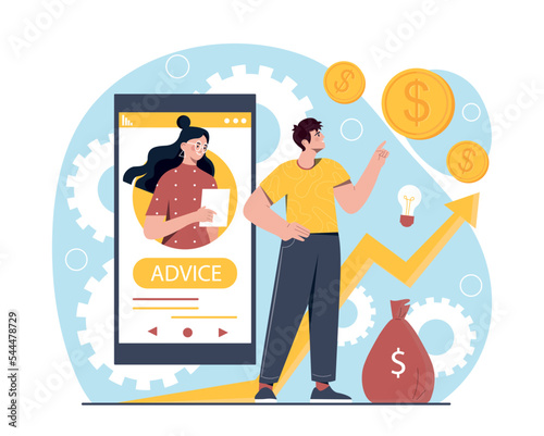 Financial advisor online. Man next to smartphone analyzes coins. Calculation of incomes, financial integrity and economics. Assistant and consultant, accountant. Cartoon flat vector illustration
