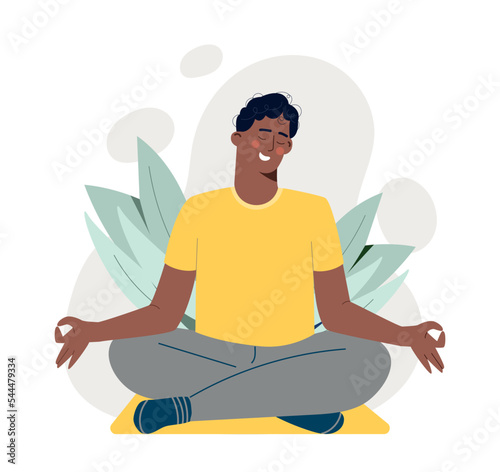 Man practicing yoga. Young guy sits in lotus position. Active lifestyle and sports. Concentration and attention, internal balance. Poster or banner for website. Cartoon flat vector illustration
