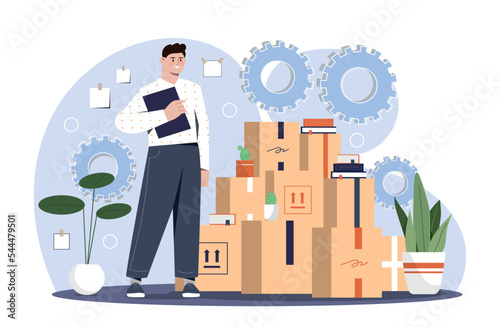 Moving with boxes. Man in apartment stands next to his things. Logistics and transportation. Quality service, host with cardboard boxes. Poster or banner for website. Cartoon flat vector illustration