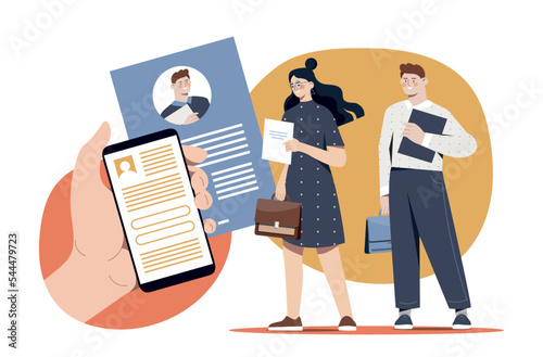 New team recruiting. Man and woman with documents go for interview. Candidates for vacancy, talented young professionals. Business processes, HR manager concept. Cartoon flat vector illustration