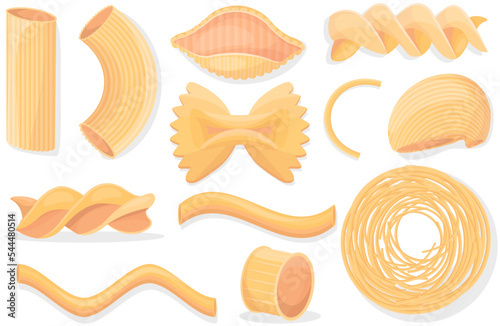 Pasta set. Italian traditional macaroni cartoon illustration icon, rotelle, spaghetti, vermicelli. Flour products for food blog or menu design. Dry ingredient, kitchen and cooking theme, restaurant