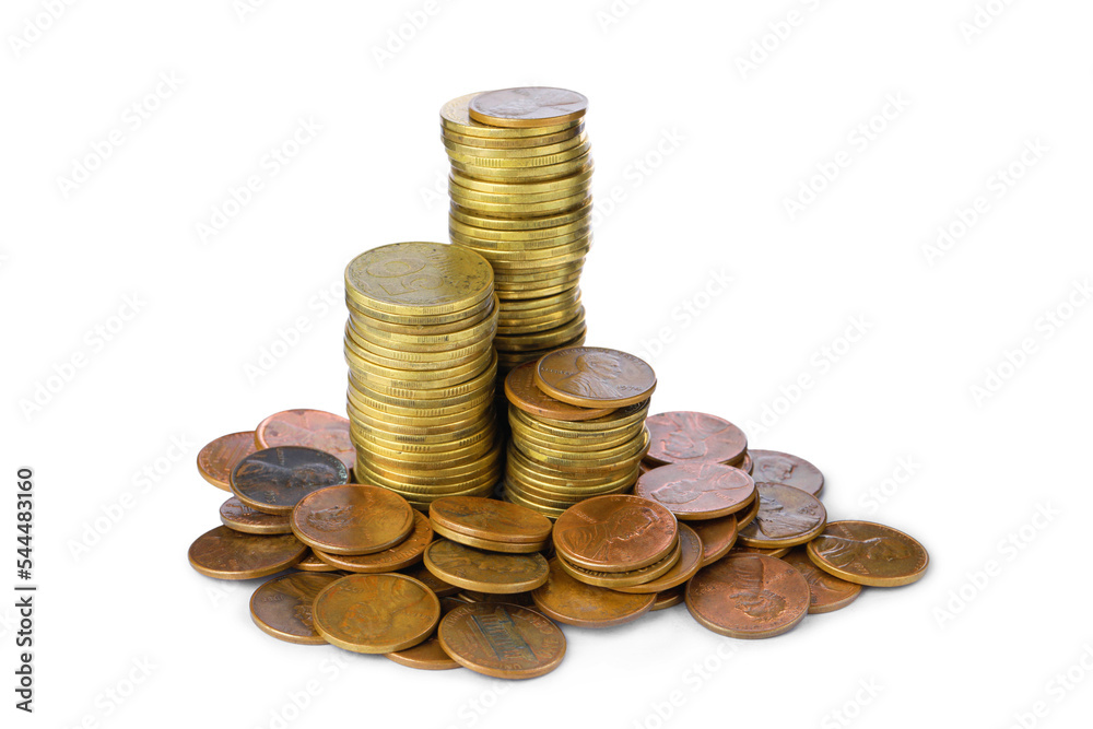Stacks of different coins on white background Stacks of different coins on white background