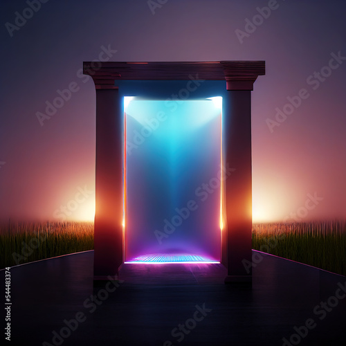 Door to another dimension. Glowing doorway in a field. Luminous portal. Digital illustration. © jockermax3d