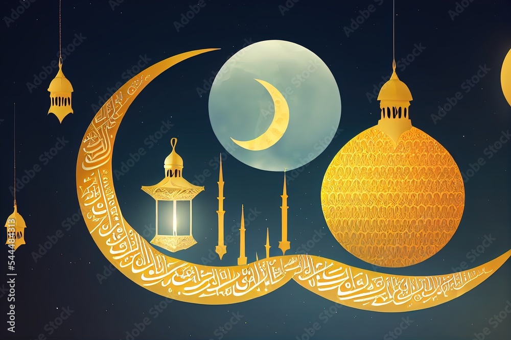Moon and lantern decoration ramadan kareem icon cartoon