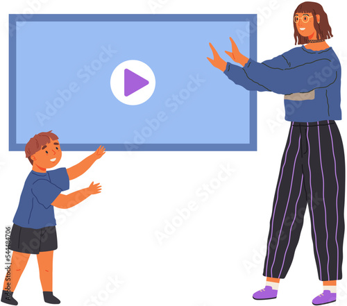 Concept of education and parenting, Childrens prohibitions. Mom forbids son to watch videos on TV. Mother and child talking of problems, Loving relations in family child spends lot of time on computer
