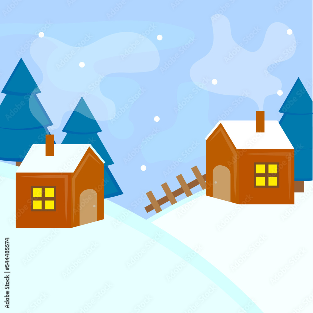 Drawing hut snow. Landscape, nature, house. Vector illustration. Stock image. 