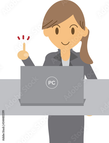 ノートパソコンの前で後輩に説明する職場の先輩女性会社員のイラスト・指さしポーズ・ビジネス・スーツ