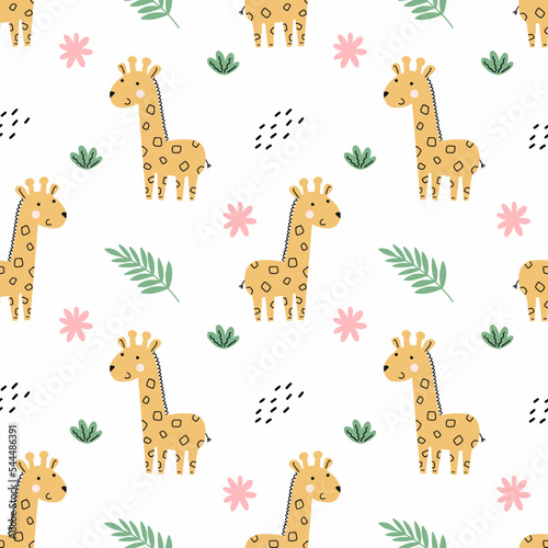 Cute giraffe . Green tropical branch. Seamless pattern for sewing children's clothing. African background in nursery. Jungles. Printing on fabric and packaging.