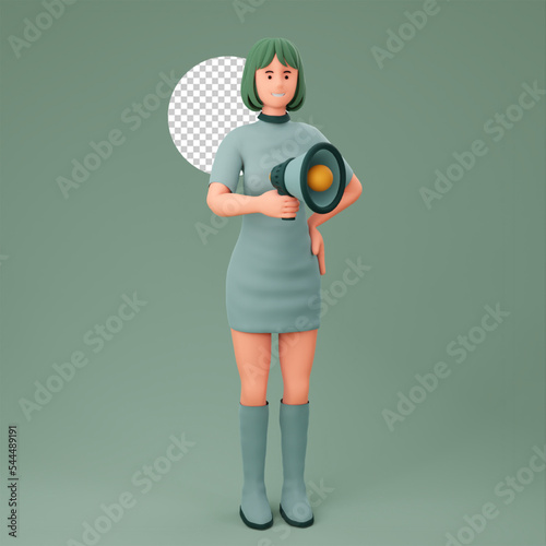 3d cartoon illustration cute girl holding loudspeaker to inform and marketing product business