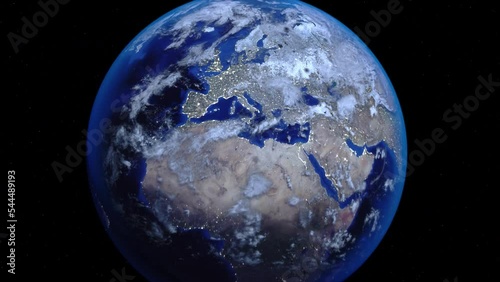 Zoom out of Hungary through clouds to see the Earth from space.