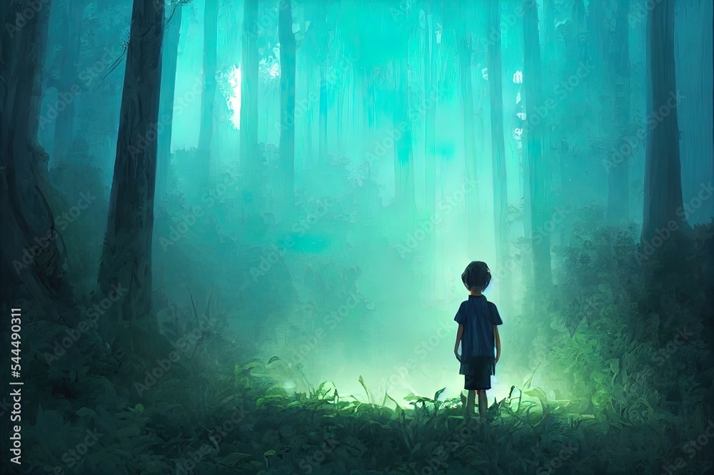 fantasy scenery showing the boy standing in front of the magic gate with glowing blue light in beautiful forest, digital art style, illustration painting