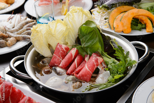 Various ingredients for seafood shabu-shabu