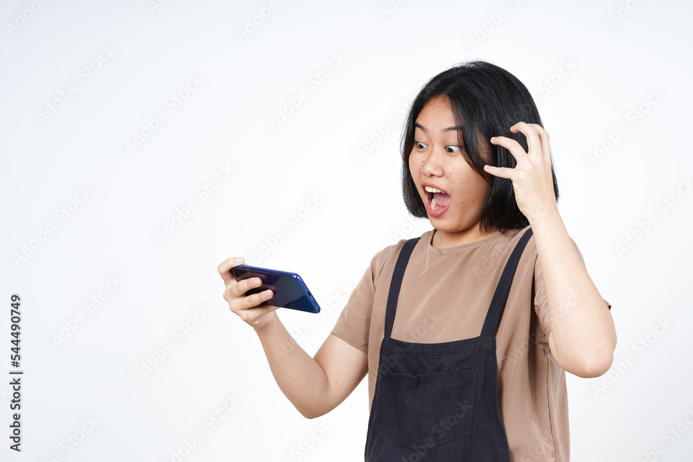 Playing Mobile Game on Smartphone and Angry for lose of Beautiful Asian Woman Isolated On White Playing Mobile Game on Smartphone and Angry for lose of Beautiful Asian Woman Isolated On White