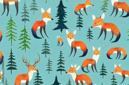 Watercolor composition with forest animals and natural elements. Deer  fox  bear  green trees  pine  fir  flowers and mountains. Woodland creatures in the wild. Illustration for nursery  wallpaper