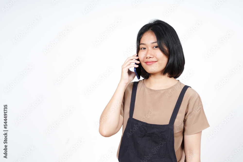 Talking on the smartphone with happy face of Beautiful Asian Woman Isolated On White Background Talking on the smartphone with happy face of Beautiful Asian Woman Isolated On White Background