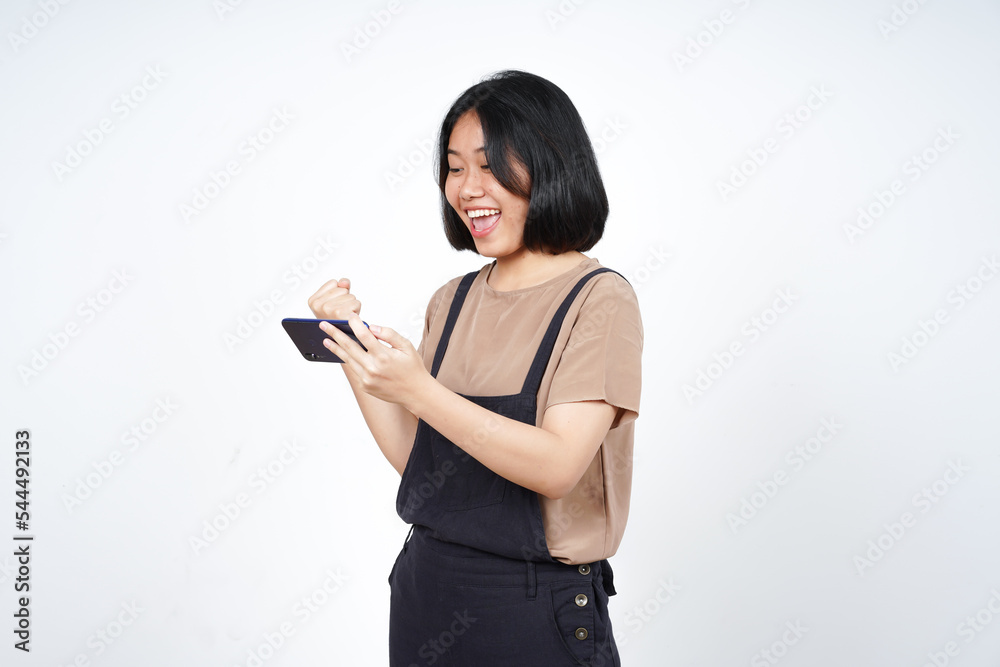 Playing Mobile Game on Smartphone of Beautiful Asian Woman Isolated On White Background Playing Mobile Game on Smartphone of Beautiful Asian Woman Isolated On White Background