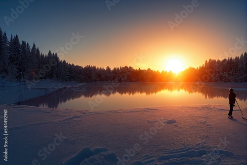 Scenic panoramic view of the silhouette of a young hockey player skating on a frozen lake with amazing reflections in beautiful golden evening light at sunset in winter