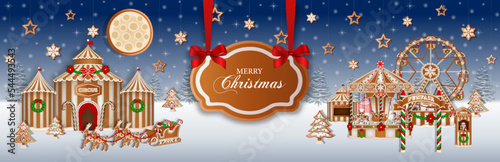 Christmas banner with gingerbread funfair and circus. christmas background with gingerbread cookies and candies	