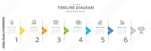 Infographic template for business. 6 Steps Modern Timeline diagram with arrow and topic, presentation vector infographic timeline.