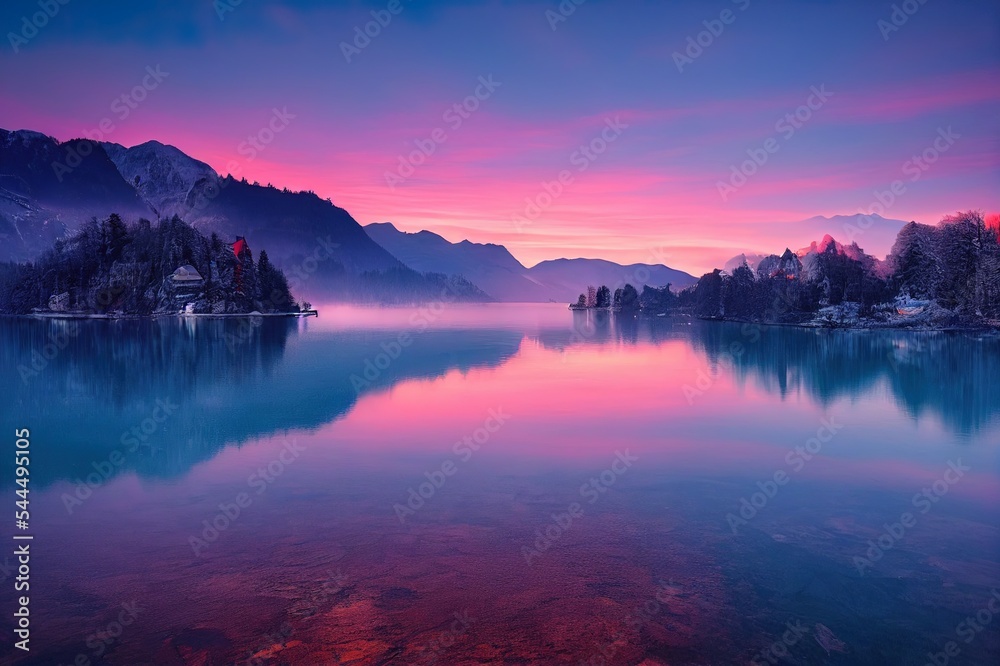 Amazing sunrise at the lake Bled in winter, Slovenia, Europe