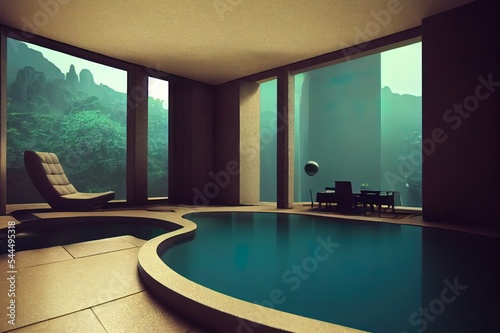 Fotobehang Surreal landscape and interior with lounge and water pool