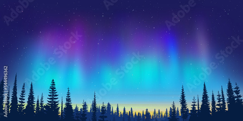 Aurora borealis and forest on the horizon, northern lights and stars, winter holiday illustration