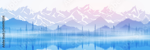 Sunset on the lake, picturesque reflection. Mountain landscape, panoramic view of ridges and forest in fog, vector illustration.