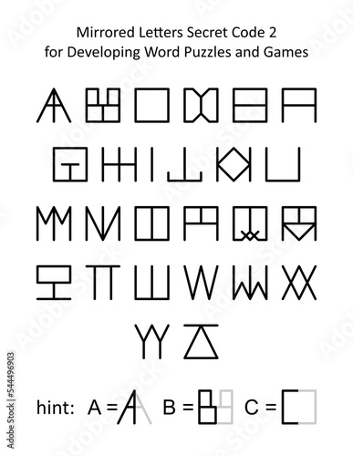 Mirrored letters secret code 2 for developing word puzzles and word games for kids and adults. Full alphabet set (English language) with hint.
